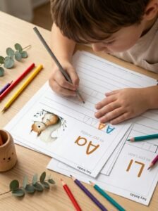 Manos de un niño dibujando sobre una lámina imprimible de actividades